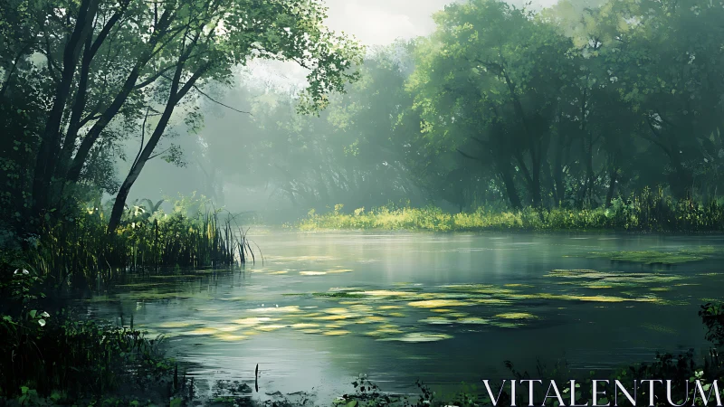 Morning light diffuses across a tranquil forest wetland pond