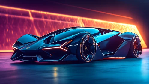 Futuristic low-profile concept car displayed in neon lighting