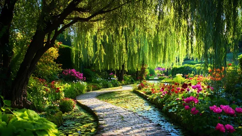Lush garden path under willow trees with vivid flowers.