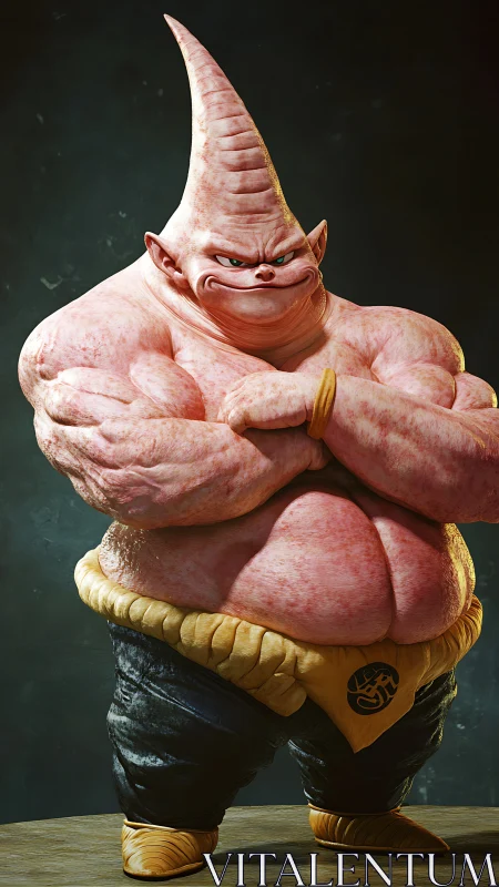 Muscular pink humanoid creature with conical head posed arms-crossed.