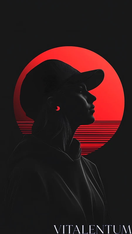 Profile silhouette of hooded woman against red sun.