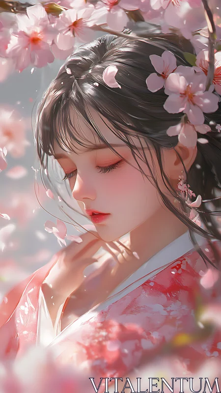 Gentle springtime portrait of a girl beneath cherry blossoms.