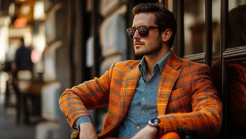 Man wearing orange plaid blazer sits outdoors in city
