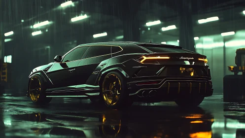 Sleek black super SUV under neon rain in empty garage.