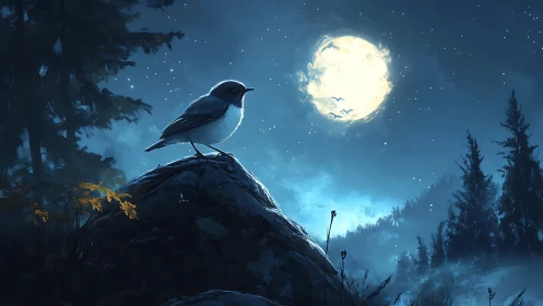 Songbird on Rocky Hill Under Full Moon in Tranquil Night Scene.