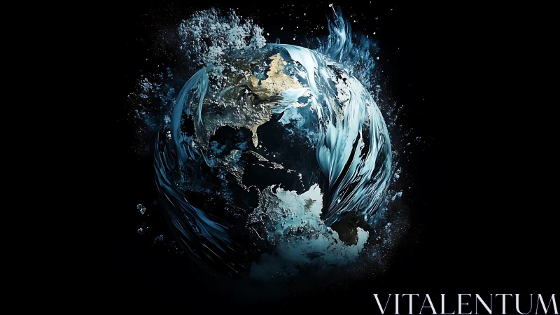 Earth reshaped by swirling water in cosmic darkness.