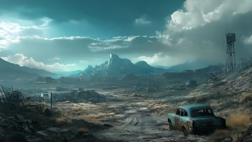 Desert plain with derelict car and distant rocky formations