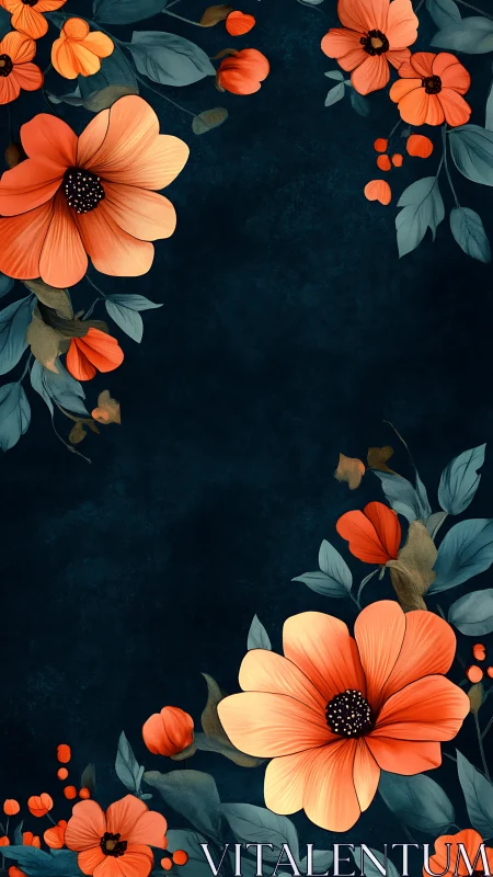 Orange Cosmos Blooms Against Deep Navy Background.