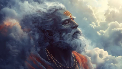 Divine sage portrait rising through luminous storm clouds.