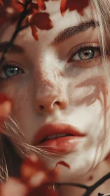 Freckled female portrait framed by soft autumn foliage.