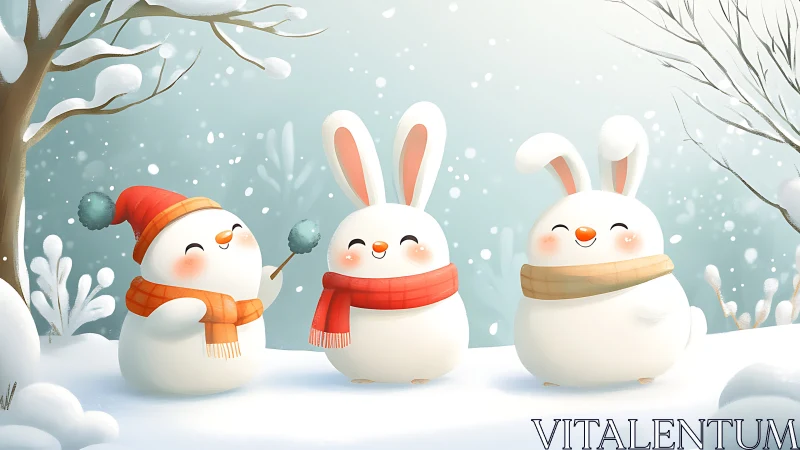 Snowy bunny trio giggles through a soft pastel winter dream.