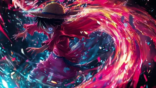 Straw hat anime fighter spins through swirling energy storm.