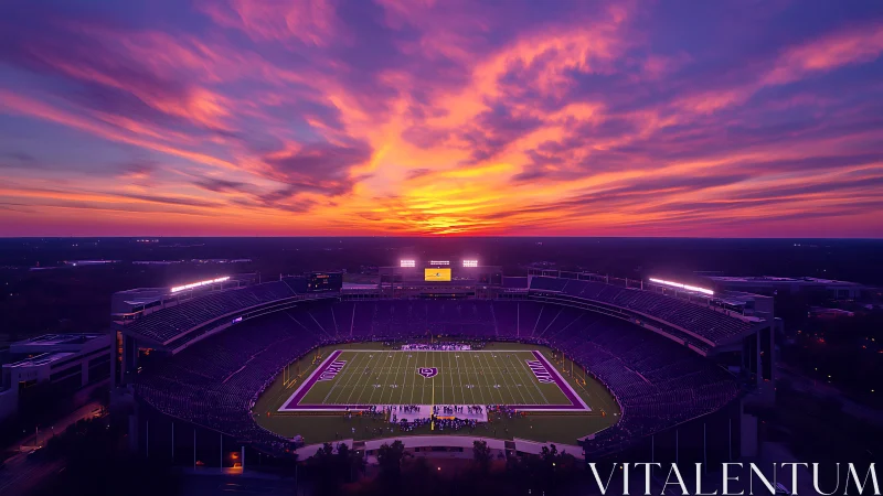 Sunset sky glows above illuminated football stadium.
