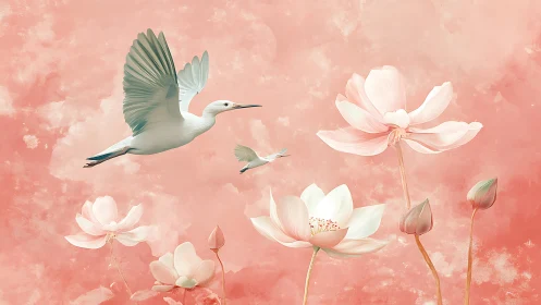 Cloud-soft herons gliding above blushing lotus blooms.