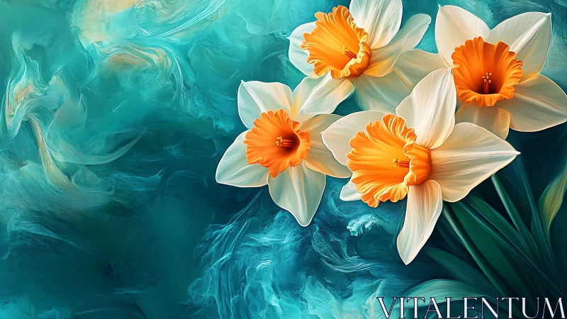 Daffodils on Turquoise Abstract Background