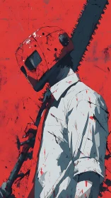 Anime illustration of chainsaw-headed figure in red field.