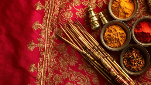 Incense sticks, powders and fabric form a structured arrangement