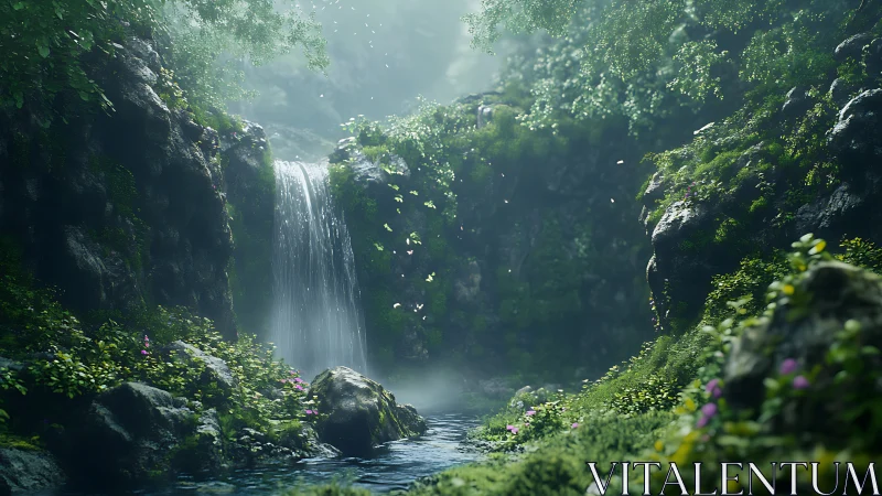 Dense forest gorge with central waterfall and misted pool.