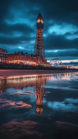 Coastal clock tower glows over dusk pier reflections.