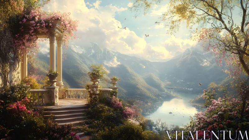 Flowered terrace overlooks sunlit alpine lake valley at dawn