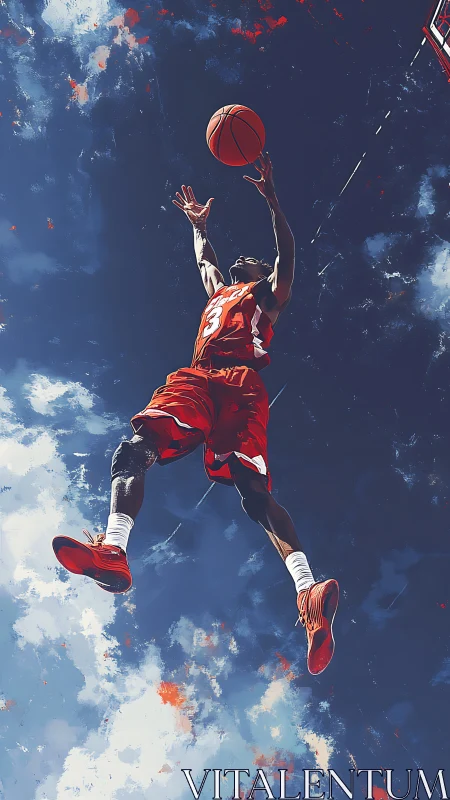 Low angle dynamic basketball layup with stylized atmospheric sky