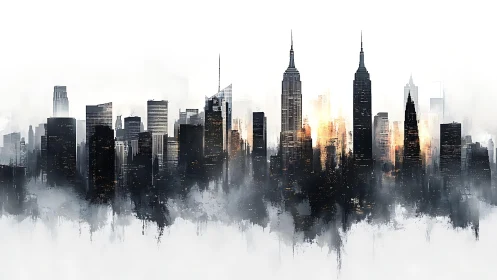Moody monochrome city skyline with hazy abstract edges.