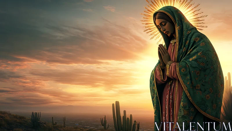 Praying robed figure stands radiant against desert sunrise