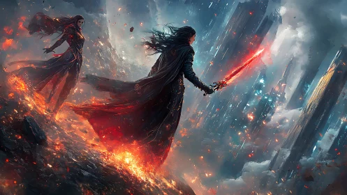 Fiery swordbearers stride through a storm of falling stars.