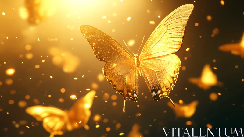 Backlit golden butterflies rendered with shallow depth and bokeh glow