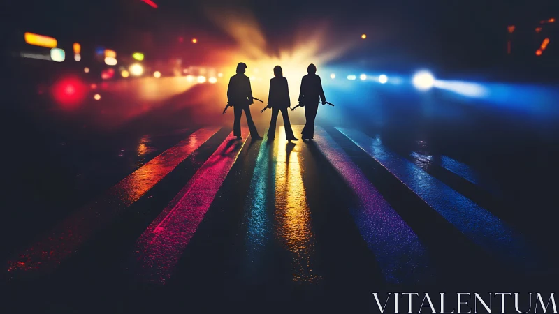 Night street silhouettes in rainbow backlit crosswalk haze