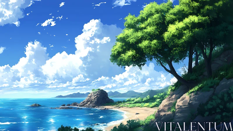 Coastal Landscape with Verdant Canopy: Digital Environmental Illustration.