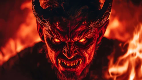 Infernal horned demon portrait with fiery bokeh background glow.