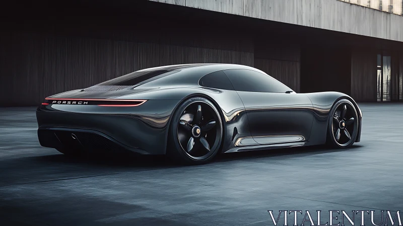 Streamlined dark coupe concept is parked in stark courtyard