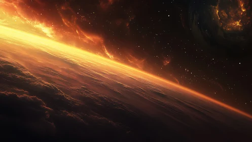 Sunrise over a drifting world bathed in cosmic fire.