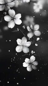 Delicate Cherry Blossoms on Dark Background with Bokeh Particles.