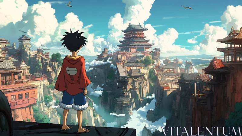 Cliffside dreamer gazes toward sky-kissed temple kingdom.