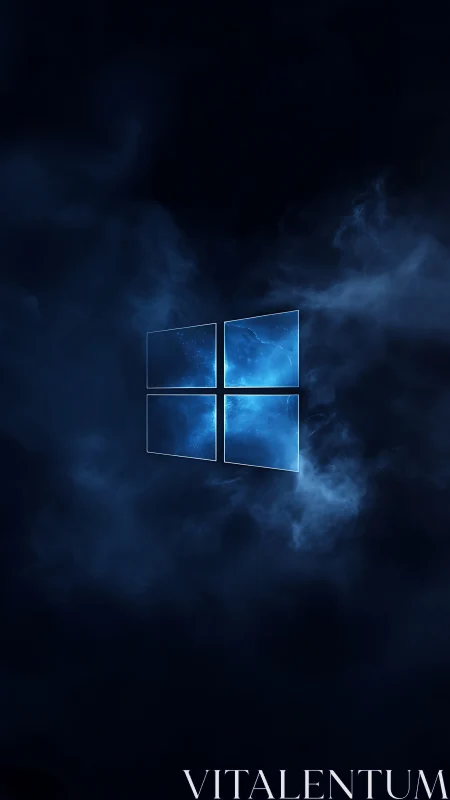 Glowing blue window symbol floats within dark digital fog
