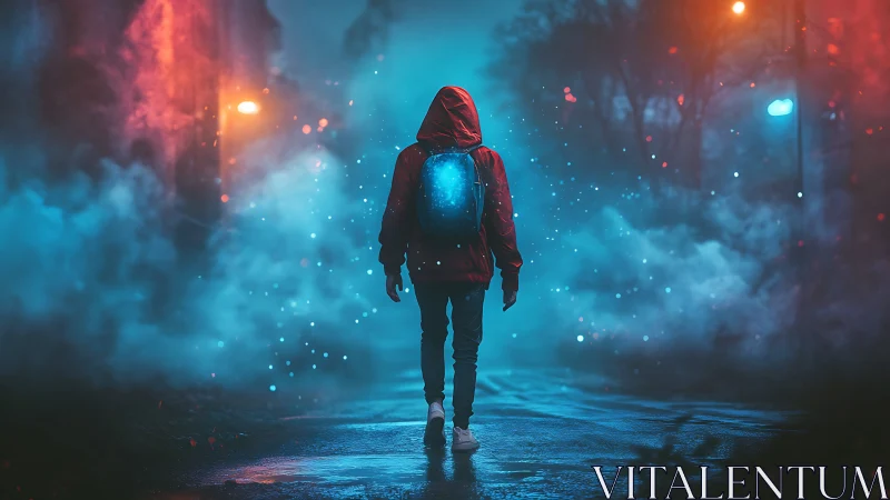 Backlit hooded figure in neon fog with luminous backpack core.