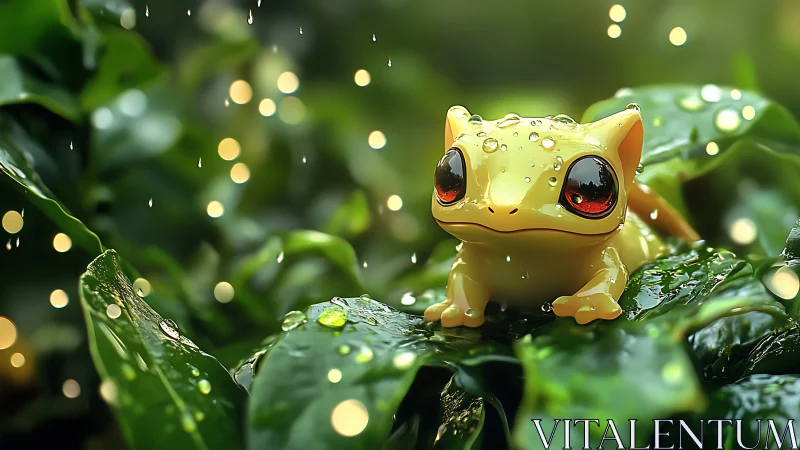 Rain-kissed cartoon gecko on glossy jungle foliage at dusk.