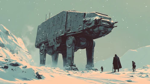 Colossal snow walker dominates a frozen battlefield vista.