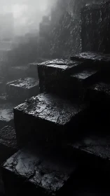 Midnight basalt stairway quietly climbs through drifting fog
