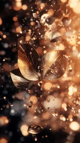 Golden metallic petals suspended in glowing bokeh field.