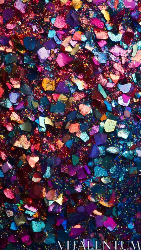 Multicolored reflective fragments forming dense abstract field.