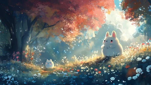 Soft rabbits in sunlit fantasy meadow with glowing flowers.