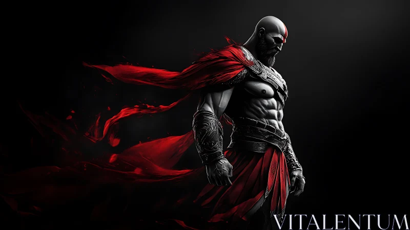 Armored warrior with red cape stands in dramatic side view