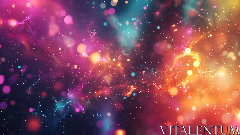 Cosmic nebula swirl in vivid bokeh-sparked spectrum glow.