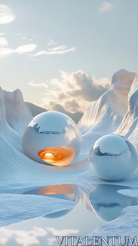 Glowing orbs rest in a dreamy icy valley of soft light