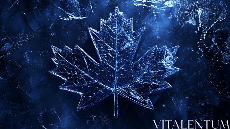 Glowing ice maple leaf floats in a deep frozen blue void