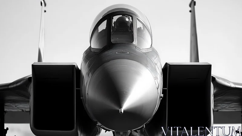 Close frontal black and white view of modern jet fighter.