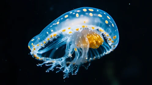 Spotted jellyfish glows against deep black ocean backdrop.